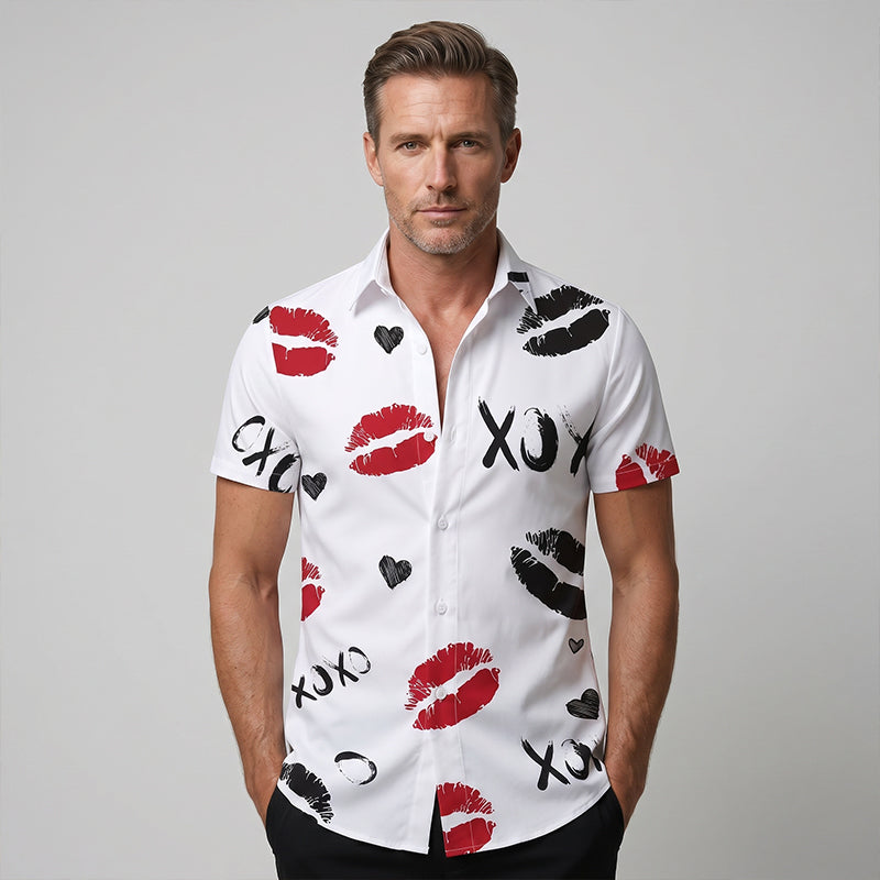 Men's Kiss Print Short-Sleeve Button-Up Shirt