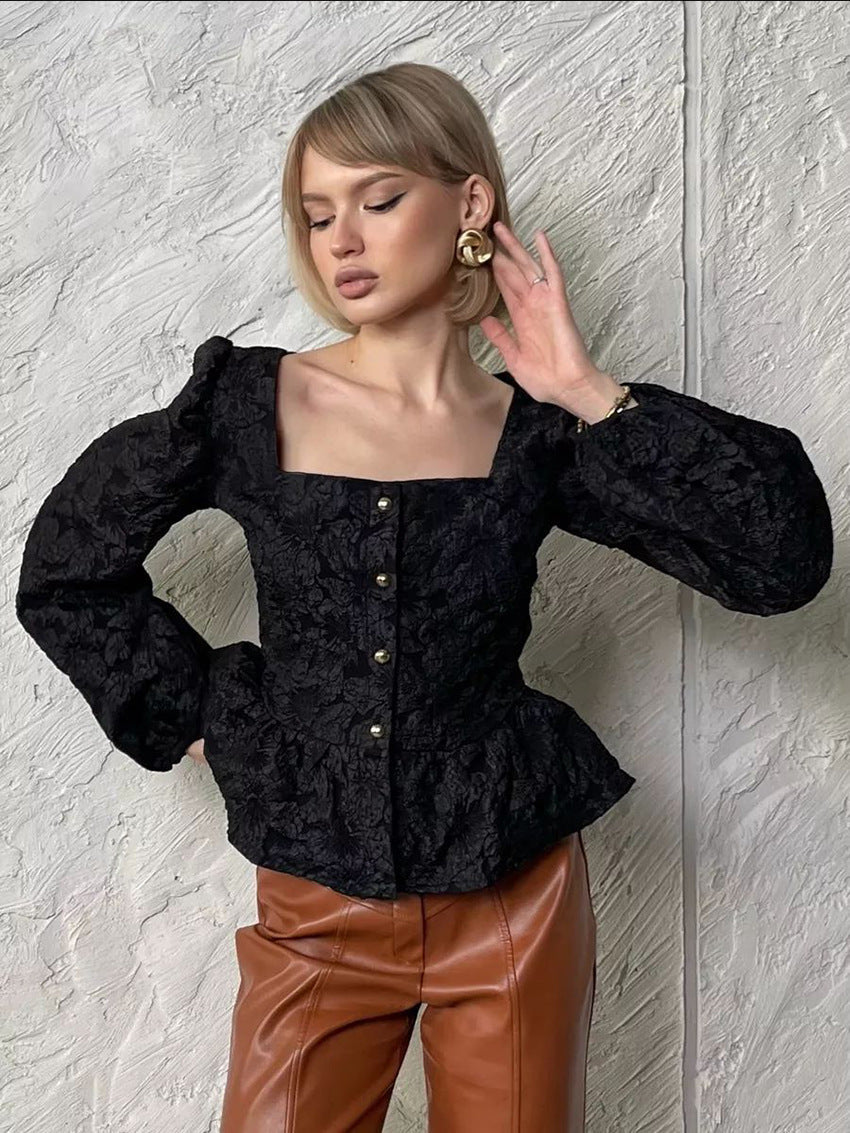 Women’s Textured Square-Neck Peplum Blouse 🌻