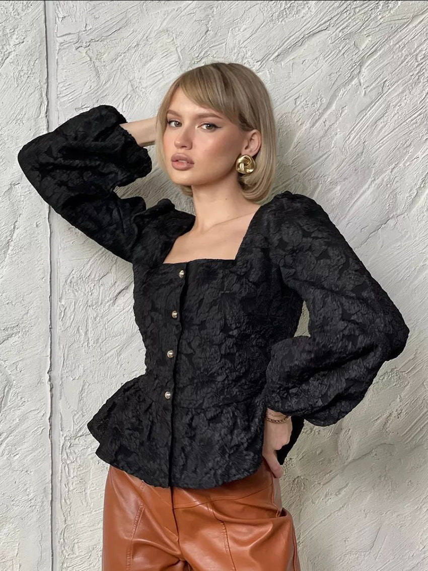 Women’s Textured Square-Neck Peplum Blouse 🌻