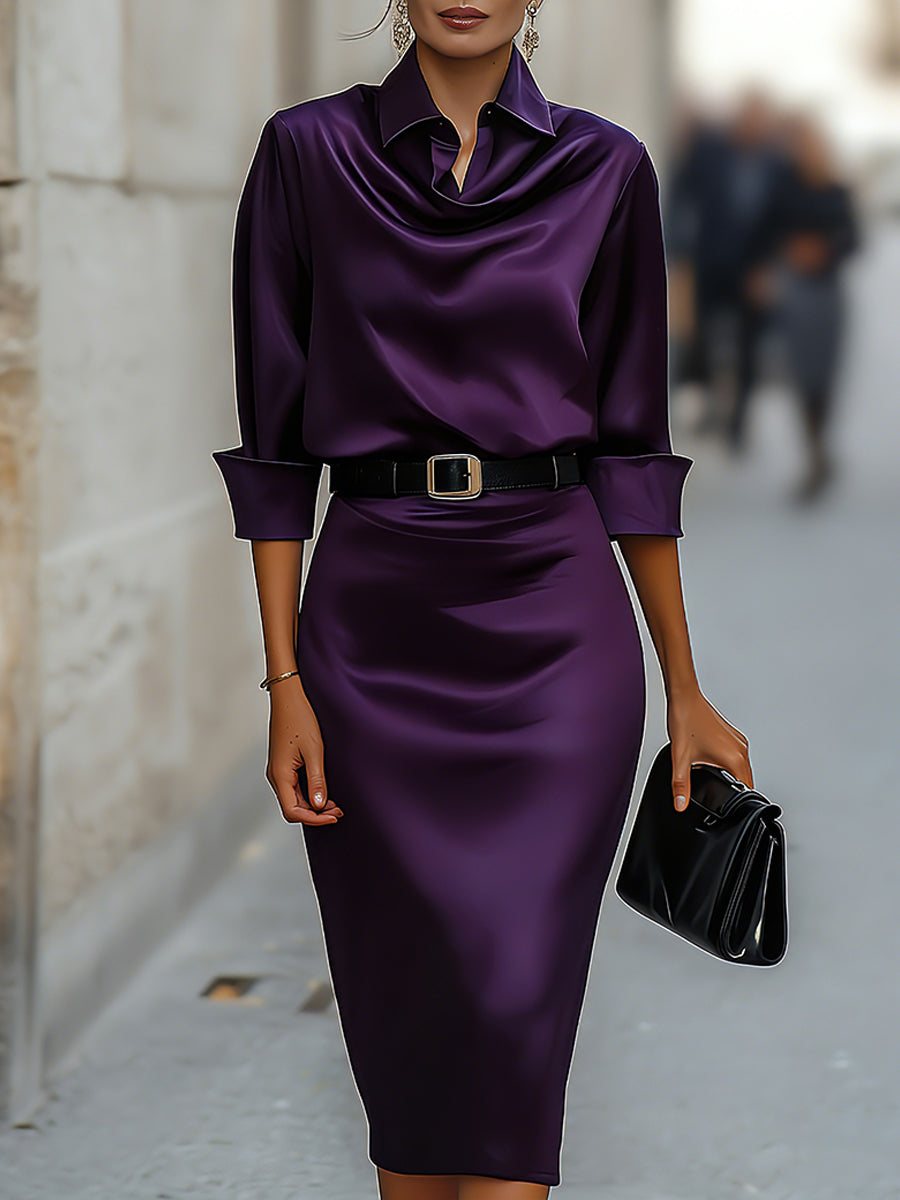 Women’s Elegant Satin Midi Shirt Dress