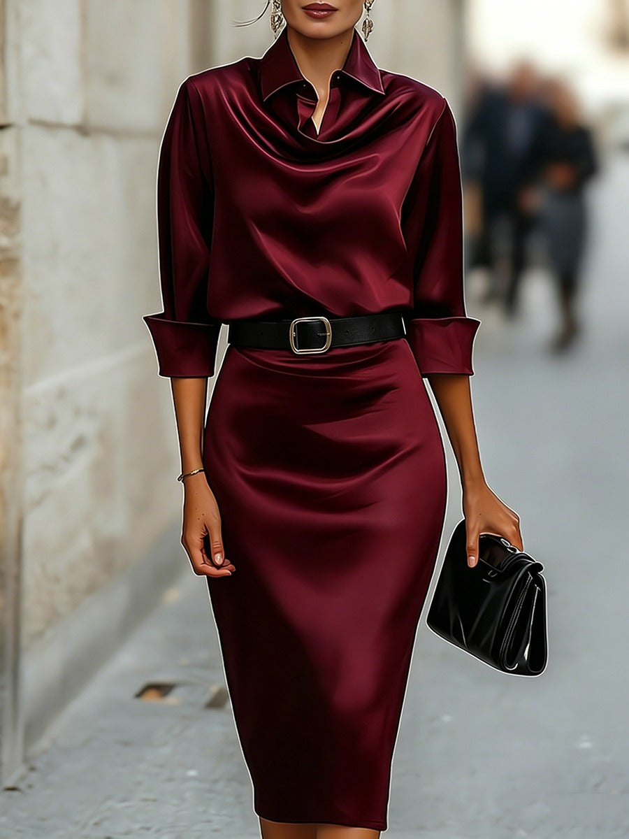 Women’s Elegant Satin Midi Shirt Dress