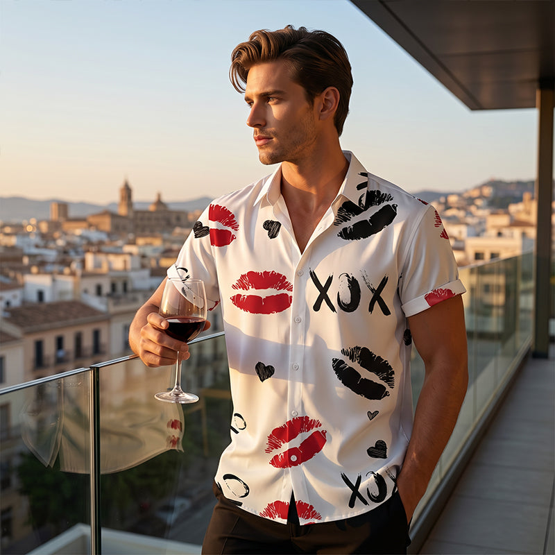 Men's Kiss Print Short-Sleeve Button-Up Shirt