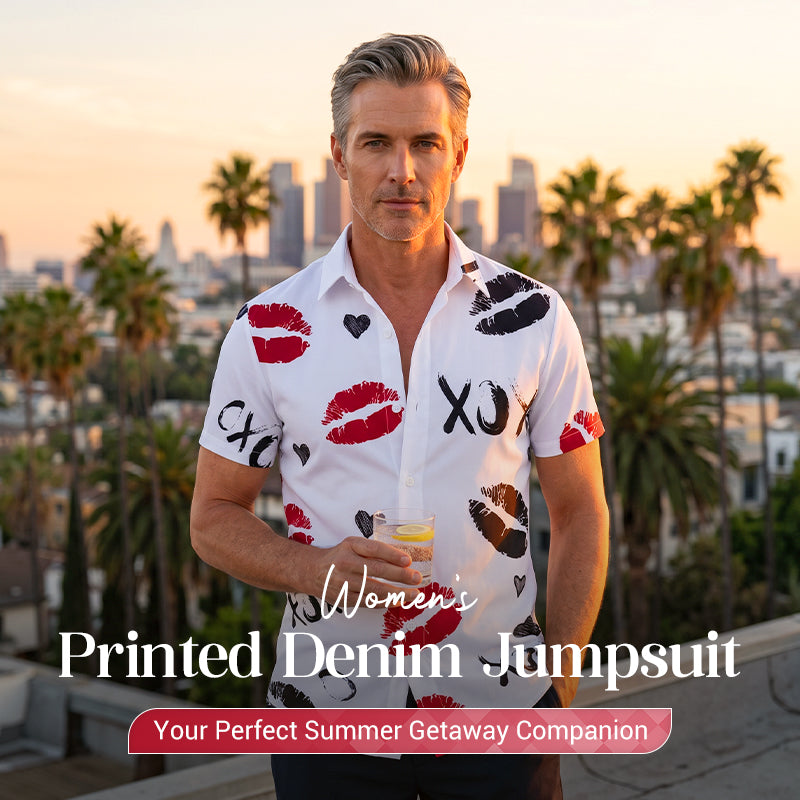 Men's Kiss Print Short-Sleeve Button-Up Shirt