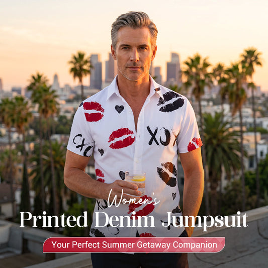 Men's Kiss Print Short-Sleeve Button-Up Shirt