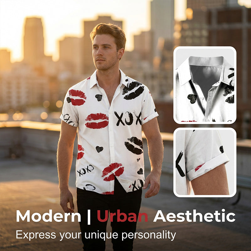 Men's Kiss Print Short-Sleeve Button-Up Shirt