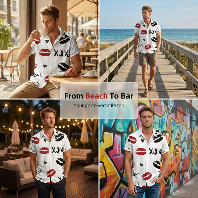 Men's Kiss Print Short-Sleeve Button-Up Shirt