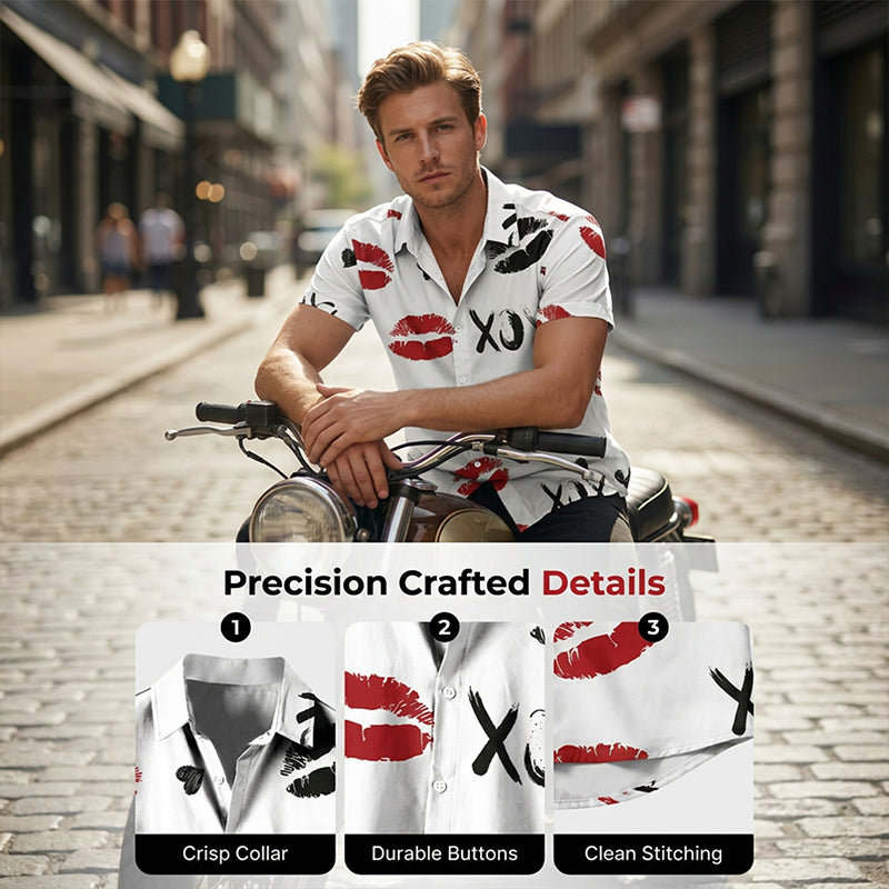 Men's Kiss Print Short-Sleeve Button-Up Shirt