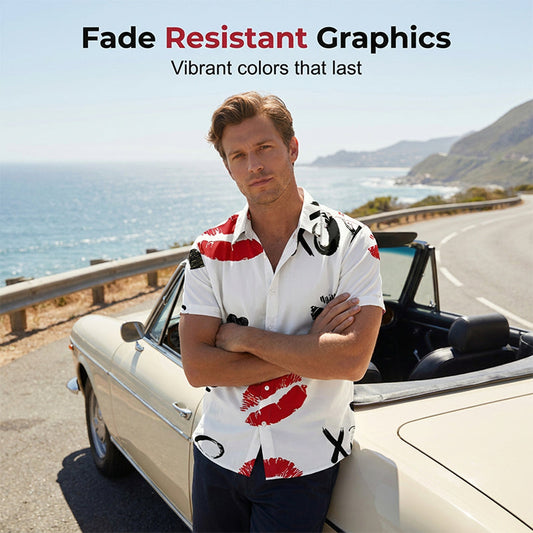Men's Kiss Print Short-Sleeve Button-Up Shirt