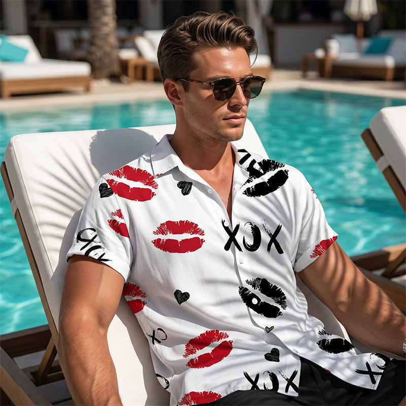 Men's Kiss Print Short-Sleeve Button-Up Shirt