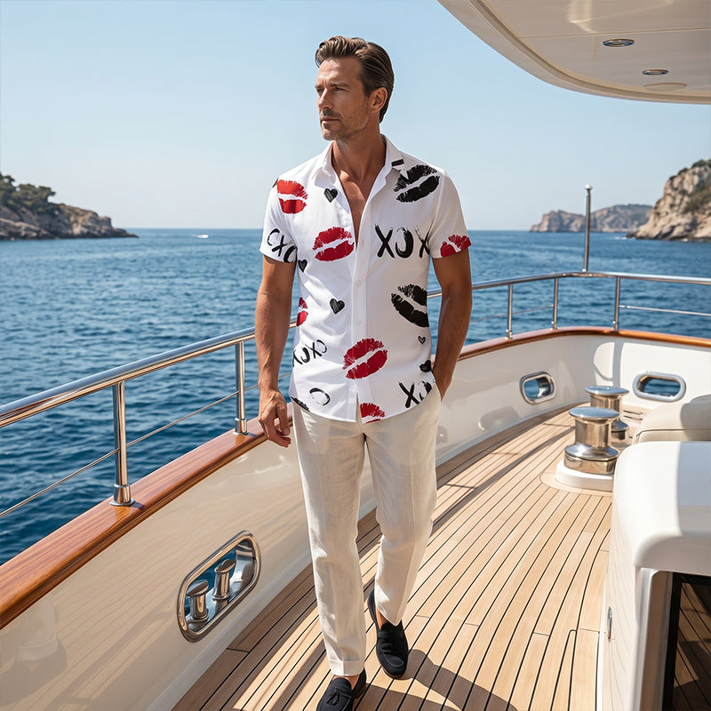 Men's Kiss Print Short-Sleeve Button-Up Shirt