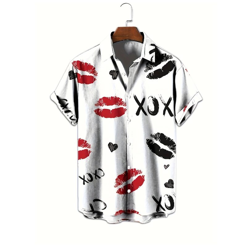 Men's Kiss Print Short-Sleeve Button-Up Shirt